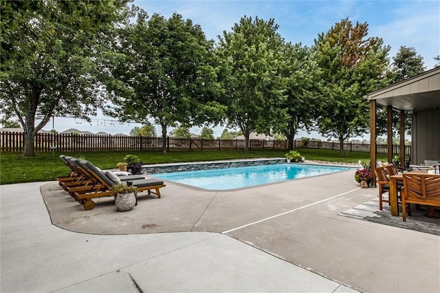 view of swimming pool with a patio and a lawn