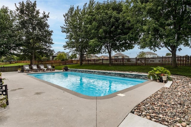 view of pool with a lawn and a patio