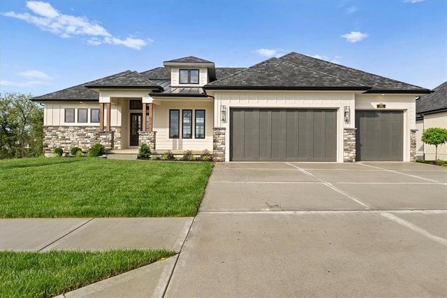 8732 N Lewis Ave, Kansas City, MO 64157 - view of front facade with stone siding, a garage, a front yard, concrete driveway, and a standing seam roof