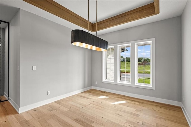 8732 N Lewis Ave, Kansas City, MO 64157 - unfurnished room with baseboards, light wood-style floors, and a raised ceiling