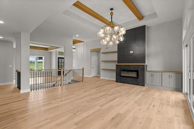 8732 N Lewis Ave, Kansas City, MO 64157 - unfurnished living room with light wood-style floors, recessed lighting, baseboards, a high end fireplace, and a chandelier