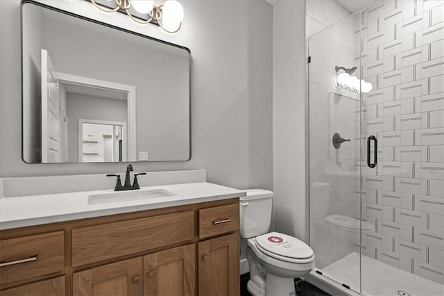 8732 N Lewis Ave, Kansas City, MO 64157 - full bath with toilet, vanity, a shower stall, and a chandelier