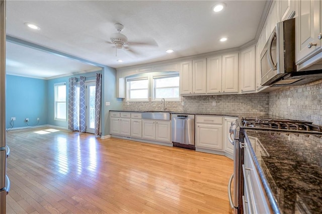 kitchen featuring light wood-type flooring, white cabinetry, a wealth of natural light, stainless steel appliances, and ceiling fan