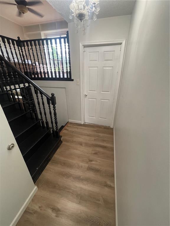 entryway featuring ceiling fan with notable chandelier and hardwood / wood-style floors