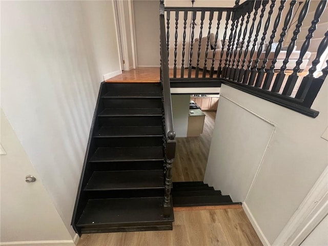 staircase with hardwood / wood-style flooring