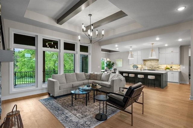 8720 N Lewis Ave, Kansas City, MO 64157 - living area with a chandelier, light wood-style flooring, baseboards, recessed lighting, and beamed ceiling