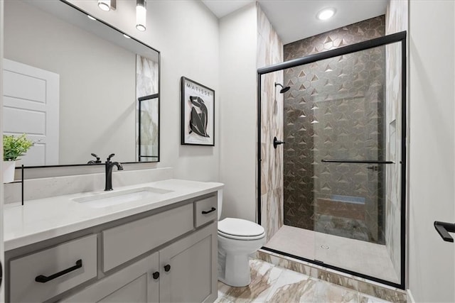 8720 N Lewis Ave, Kansas City, MO 64157 - bathroom featuring toilet, vanity, a shower stall, marble finish floors, and recessed lighting