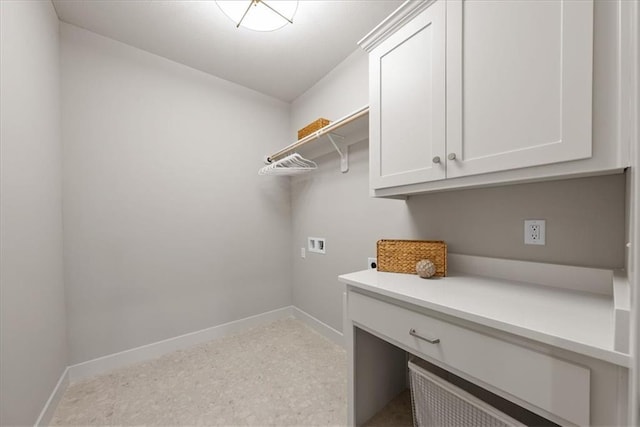8720 N Lewis Ave, Kansas City, MO 64157 - laundry room with washer hookup, baseboards, cabinet space, light carpet, and a desk
