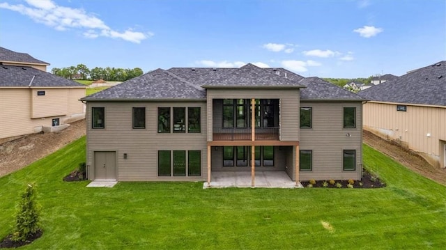 8720 N Lewis Ave, Kansas City, MO 64157 - rear view of house with a patio area, a lawn, and roof with shingles