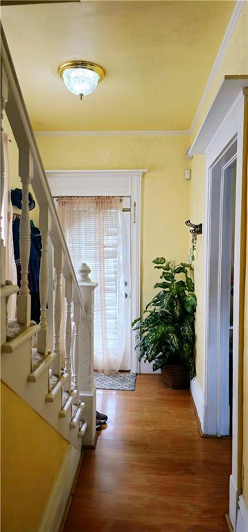 entrance foyer with crown molding and wood-type flooring