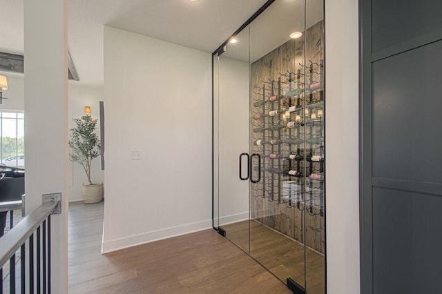 wine cellar with baseboards and wood finished floors