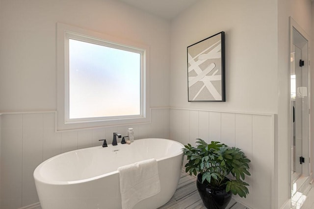 full bathroom featuring wainscoting and a freestanding bath