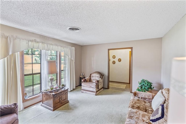 living area with light colored carpet and a textured ceiling