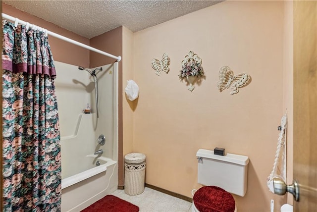 bathroom featuring tile patterned floors, a textured ceiling, shower / bath combo, and toilet