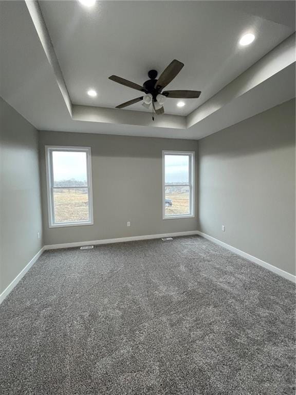 empty room with plenty of natural light, a raised ceiling, and ceiling fan