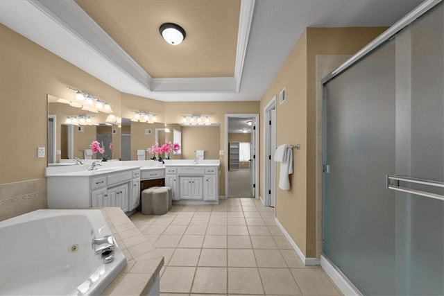 bathroom with crown molding, tile patterned flooring, vanity, and independent shower and bath