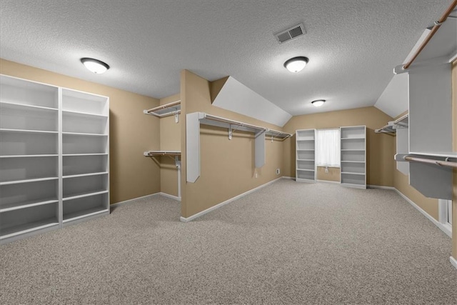 spacious closet with carpet floors and lofted ceiling