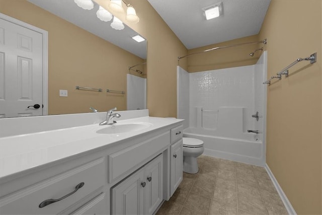 full bathroom featuring washtub / shower combination, tile patterned flooring, vanity, and toilet