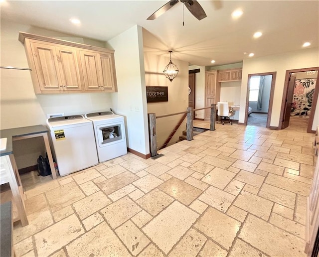 kitchen with ceiling fan, light brown cabinetry, and washing machine and dryer