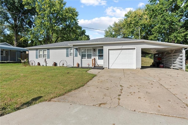 ranch-style home featuring a garage, a front yard, and a carport