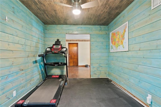 exercise room with wood ceiling, ceiling fan, and wooden walls