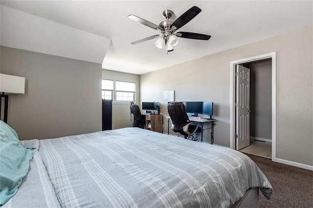 carpeted bedroom featuring ceiling fan and baseboards