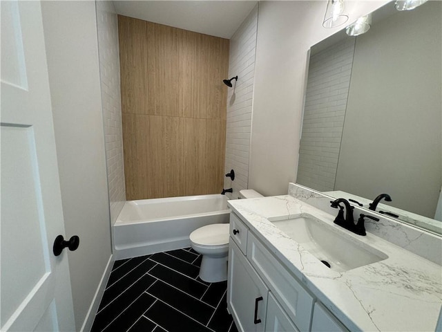 full bath with toilet, tile patterned floors, shower / tub combination, and vanity