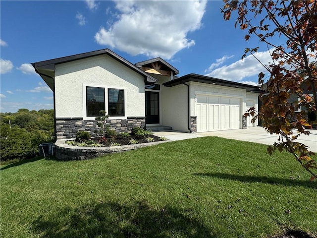 view of front of property with a front lawn, stucco siding, stone siding, concrete driveway, and an attached garage