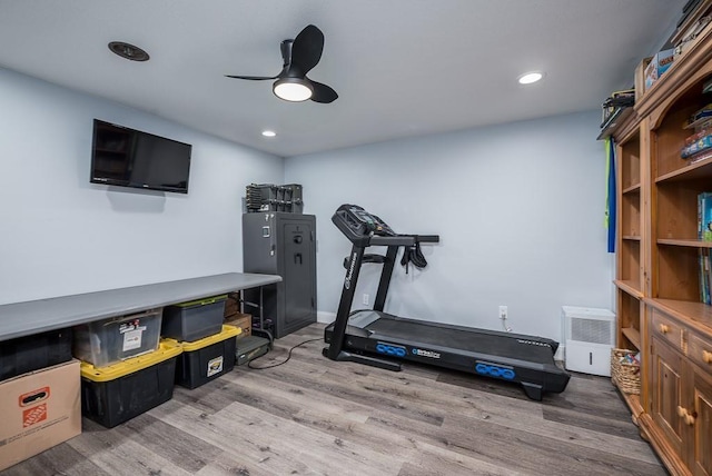 exercise room featuring hardwood / wood-style flooring and ceiling fan