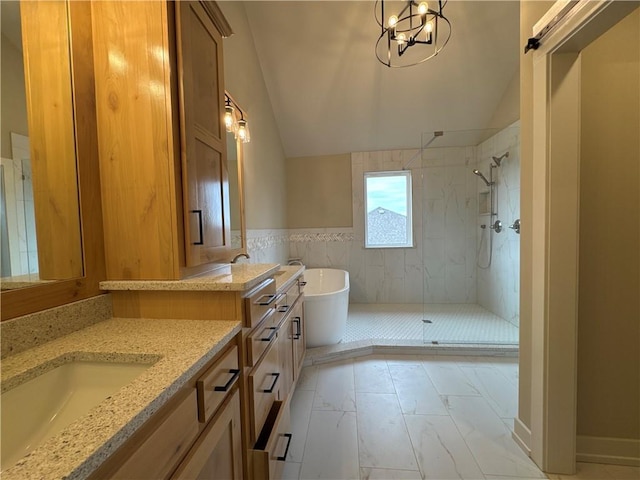 bathroom with vanity, lofted ceiling, plus walk in shower, and tile walls