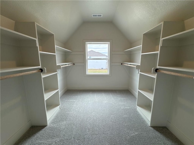 walk in closet with vaulted ceiling and light colored carpet