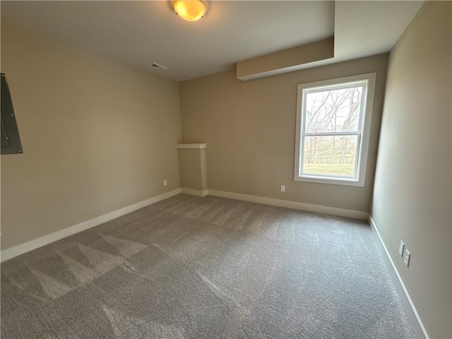 empty room featuring electric panel and carpet flooring