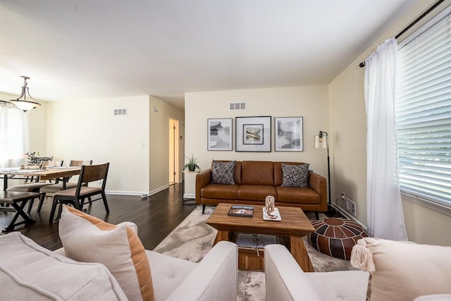 living room with dark hardwood / wood-style floors and a wealth of natural light