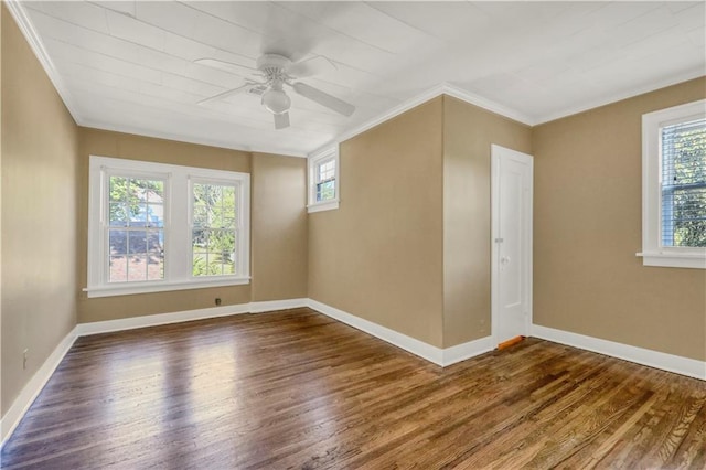 spare room with dark wood-type flooring, plenty of natural light, ornamental molding, and ceiling fan