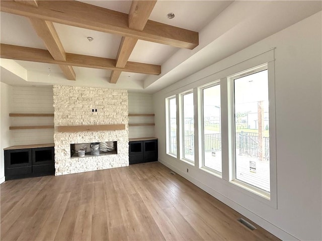 3215 SW Enoch St, Lees Summit, MO 64082 - unfurnished living room featuring beam ceiling, a fireplace, coffered ceiling, light wood-style flooring, and baseboards