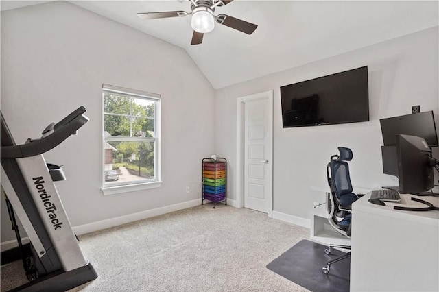 office featuring carpet, baseboards, vaulted ceiling, and ceiling fan