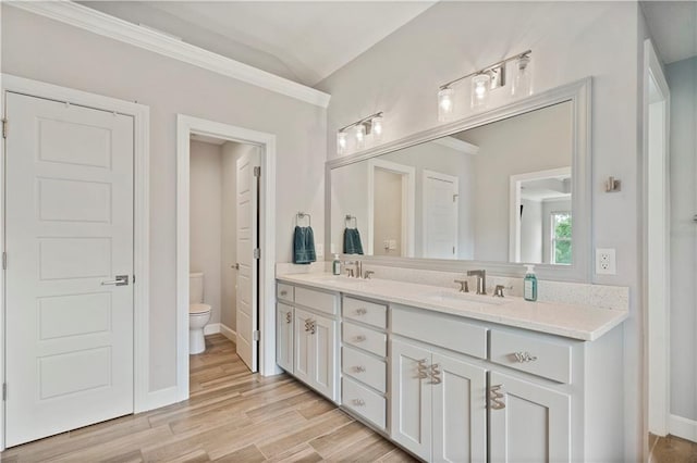 full bath with toilet, wood finished floors, double vanity, and a sink