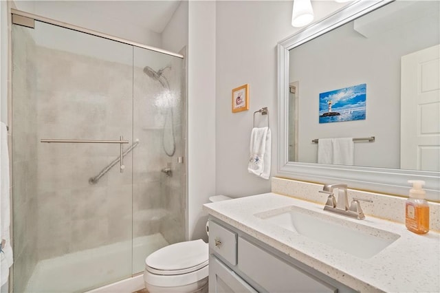 bathroom featuring toilet, a shower stall, and vanity