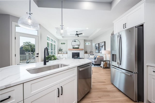 kitchen with a tray ceiling, a fireplace, appliances with stainless steel finishes, a sink, and light wood-type flooring