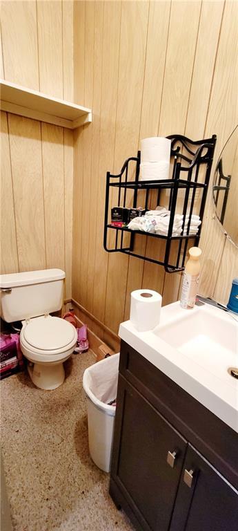 bathroom with toilet, wooden walls, and vanity