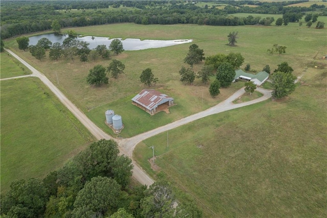 aerial view featuring a water view and a rural view