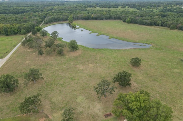 birds eye view of property featuring a water view and a rural view