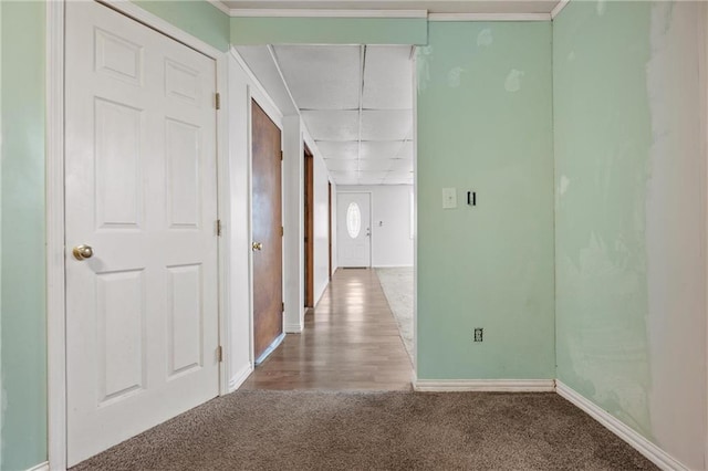 corridor featuring ornamental molding and carpet floors