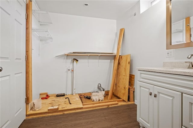 bathroom with wood-type flooring and vanity