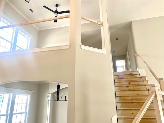 stairs with a notable chandelier and a wealth of natural light