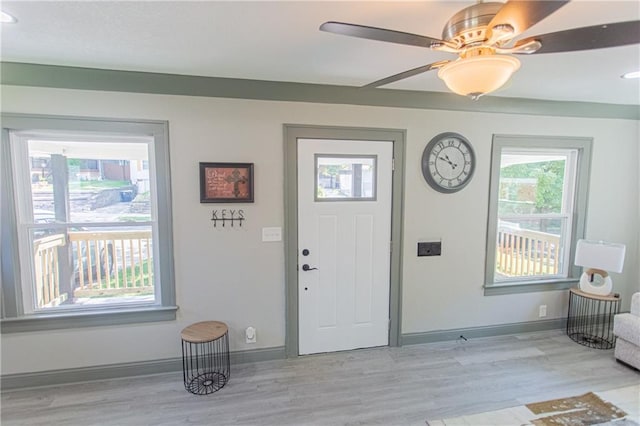 foyer with light hardwood / wood-style flooring and ceiling fan