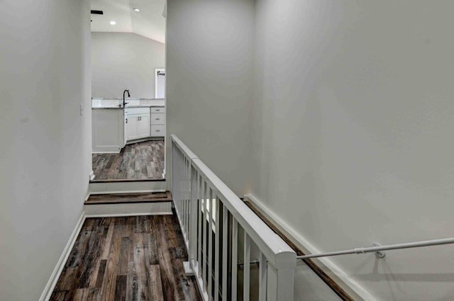 hall with lofted ceiling, dark hardwood / wood-style floors, and sink