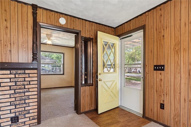 carpeted foyer entrance featuring crown molding, ceiling fan, and wood walls