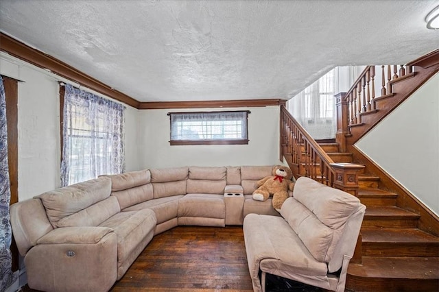 living room featuring a textured ceiling, plenty of natural light, and dark wood-type flooring