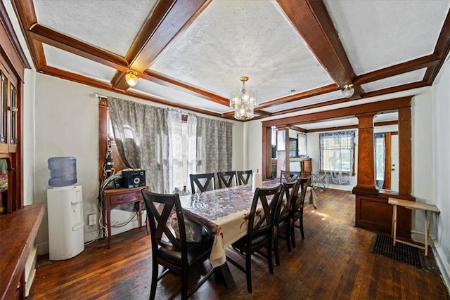 3917 Benton Blvd, Kansas City, MO 64130 - dining area with hardwood / wood-style floors, a chandelier, coffered ceiling, beamed ceiling, and a textured ceiling
